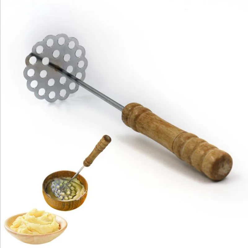 Wooden Handle Stainless Steel Potato Masher with Broad Mashing Plate Mashed Potatoes Making Tools Fruit Vegetable Press Crusher Vegetable Cutter