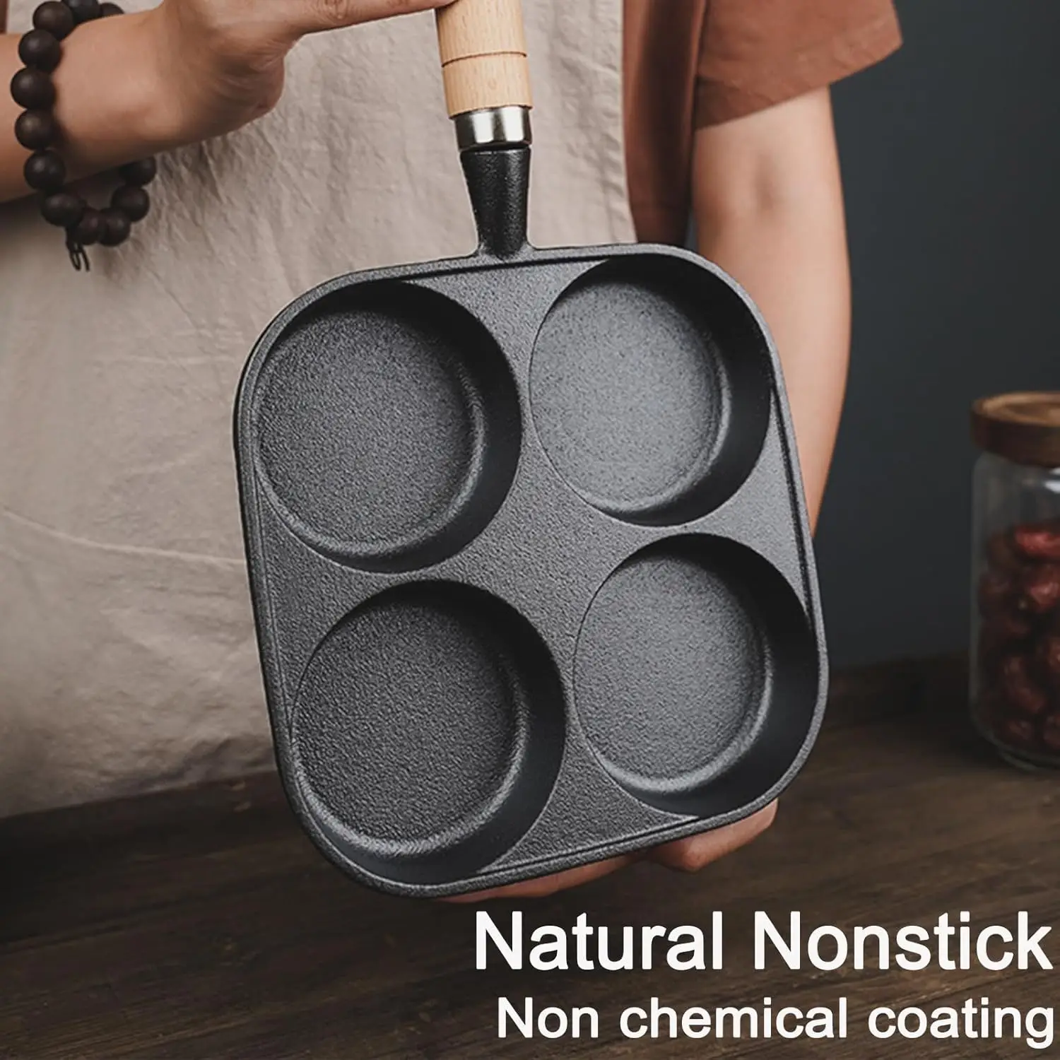 Non-stick Frying Pan 4 cup Cast Iron Egg Pan Divided Baking Pan with Wooden Handle Omelette Pan for Eggs Steak and Burgers 2