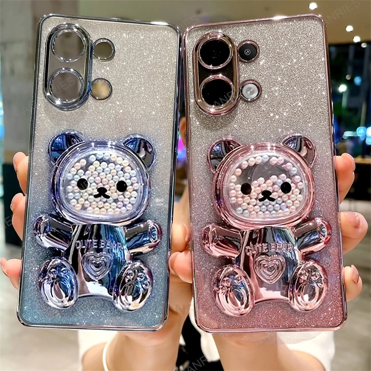 Étui en silicone plaqué avec support d'ours mignon pour Xiaomi Redmi Note 13 Pro 13pro Note13 4g 5g support couverture Mi Poco X6 M6 Pro Pocox6_voghion.com