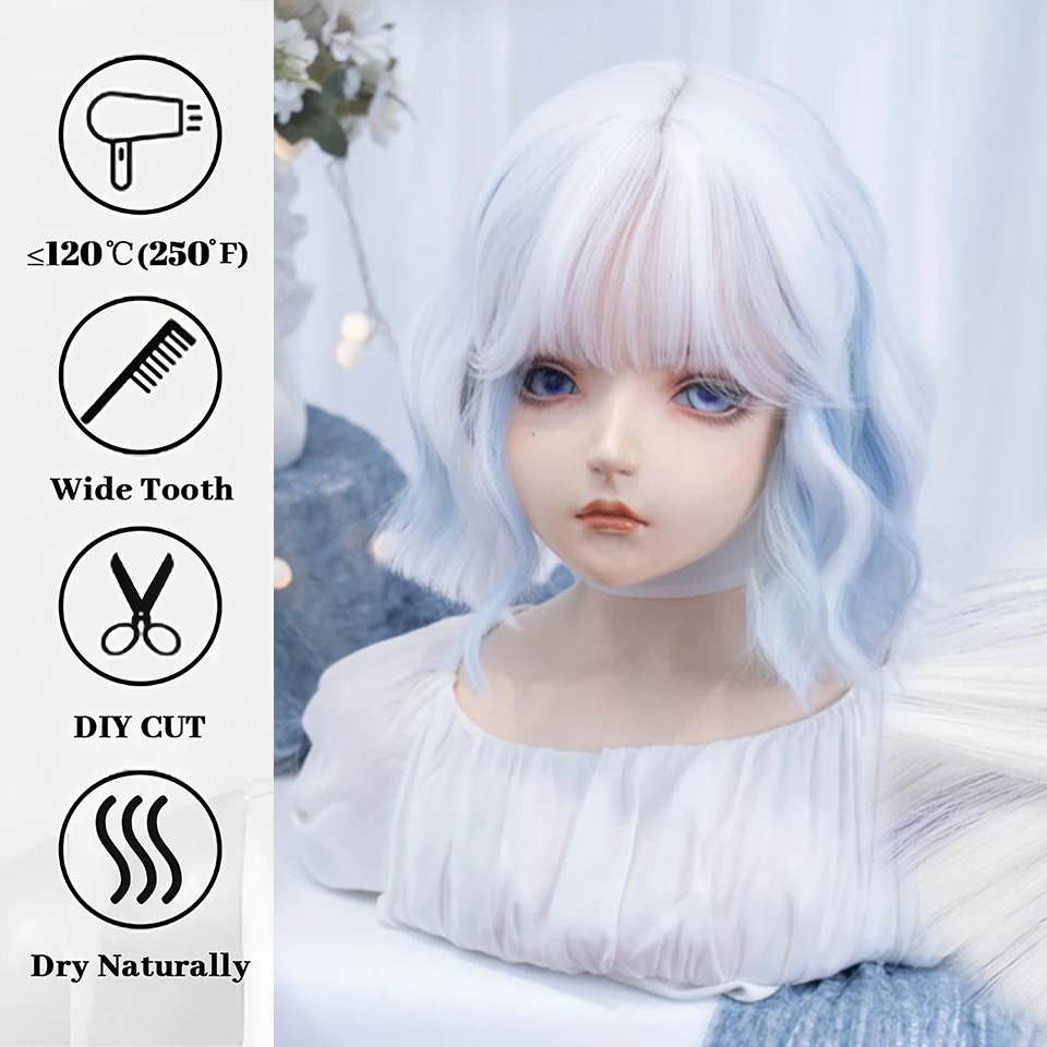 Synthetic White Blue Green Bob Wig for Women Daily Cosplay