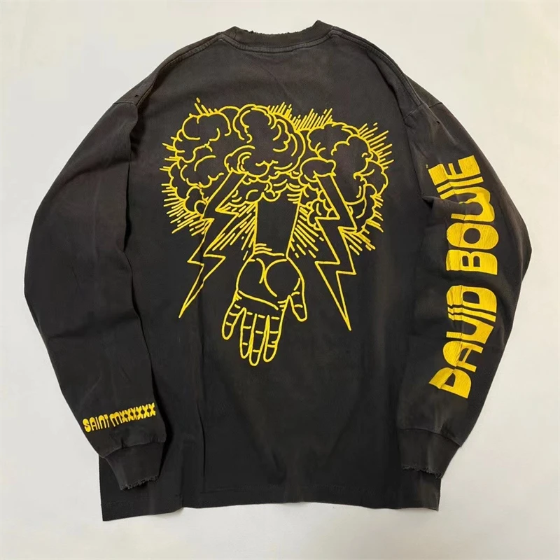 

New Fasion Vintage Tie-Dyed Saint Michael T Shirt Men Women 1:1 Best Quality Long Sleeve Hole T-shirt Tops Tee Viking