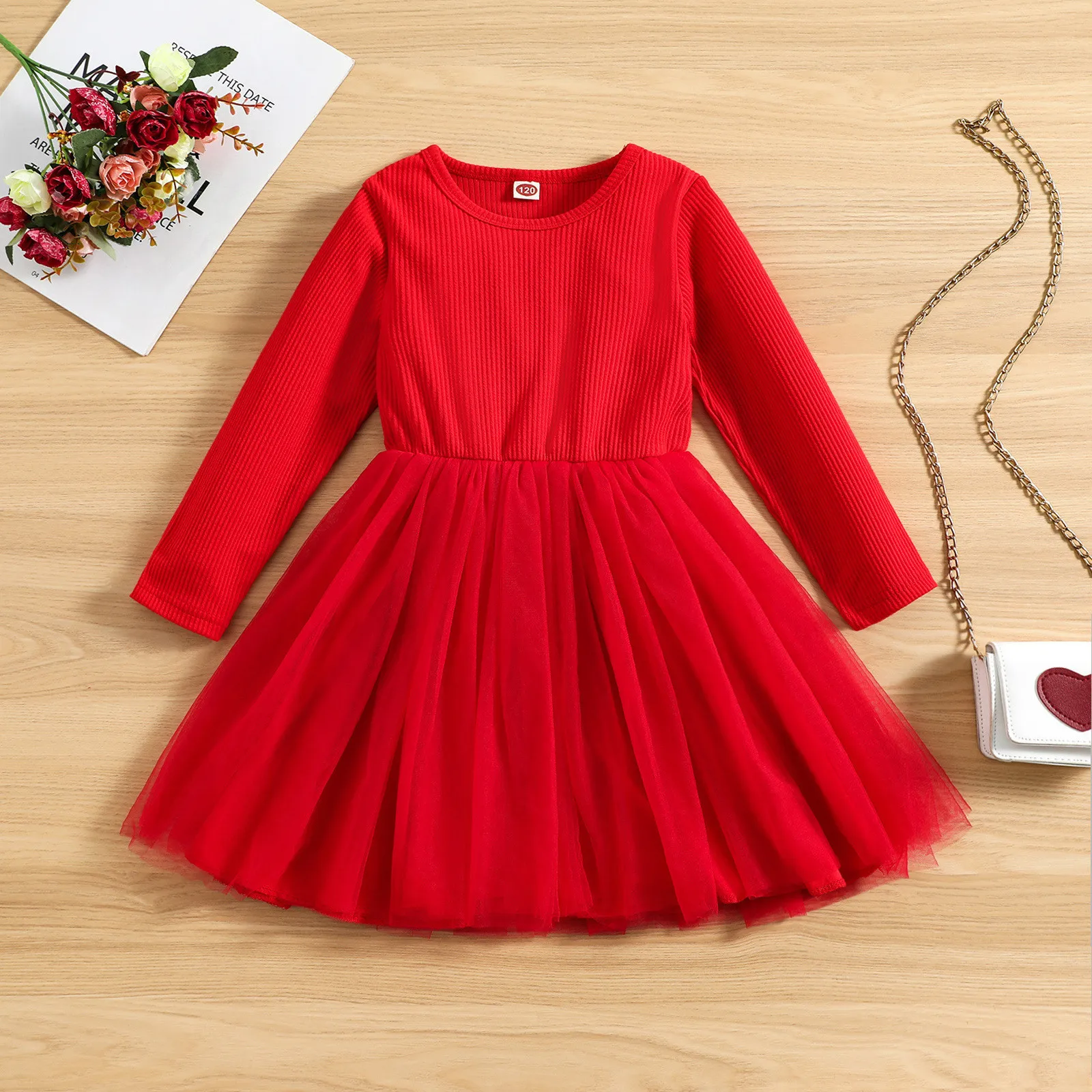 15YearsToddlerInfantBabyGirlsPartyDressSolidColorRibbedLongSleeveRedTulle.jpg