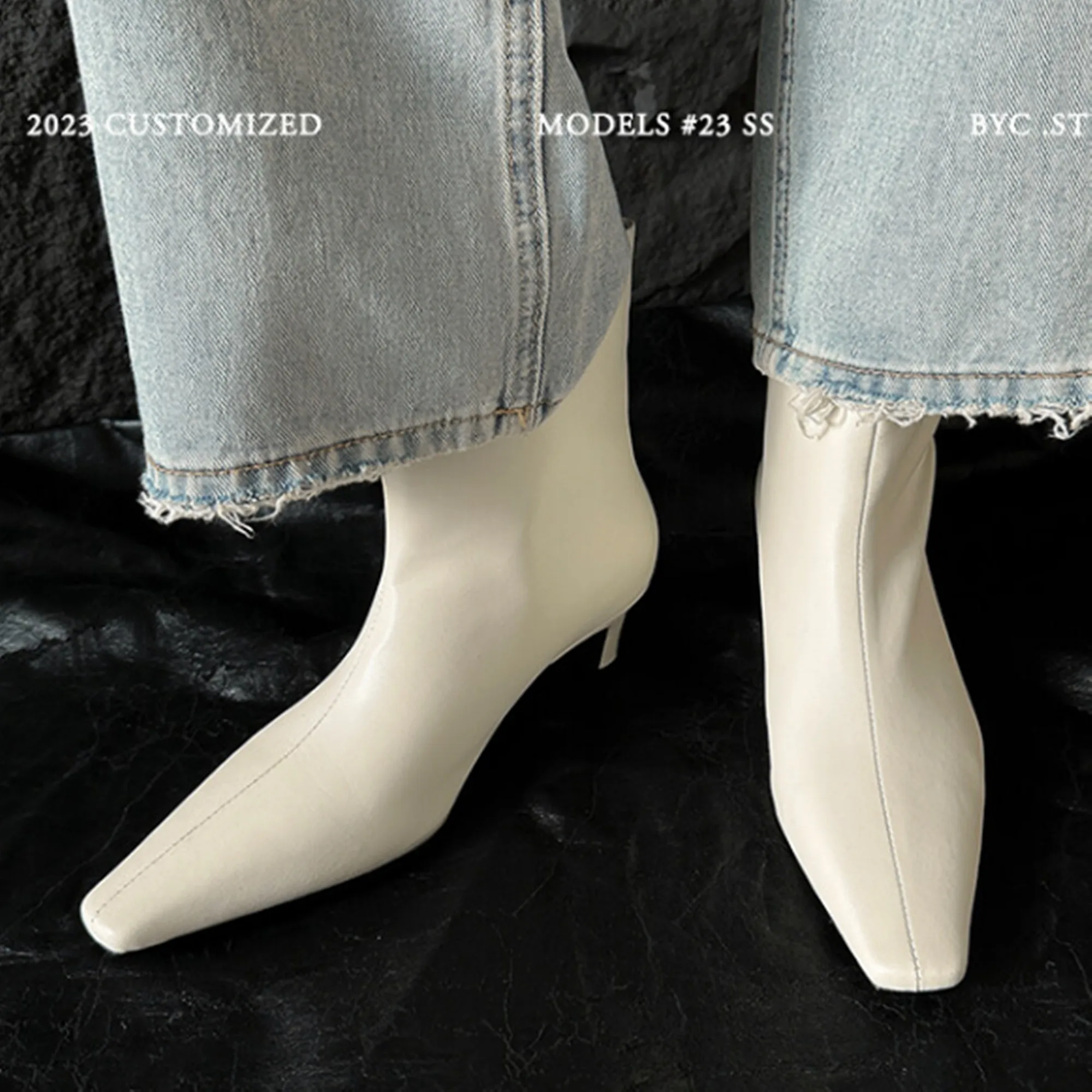 

Shoes 2023 New Sexy Square Toe Women's Ankle Boots Female Sheepskin Leather Autumn Boots Slip On Thin Med Heels Shoes