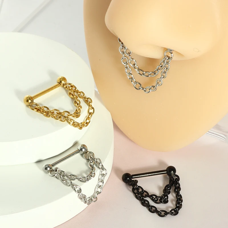 1pcs Black steel chain nose ring with stainless steel puncture 16G European and American punk style fashion jewelry