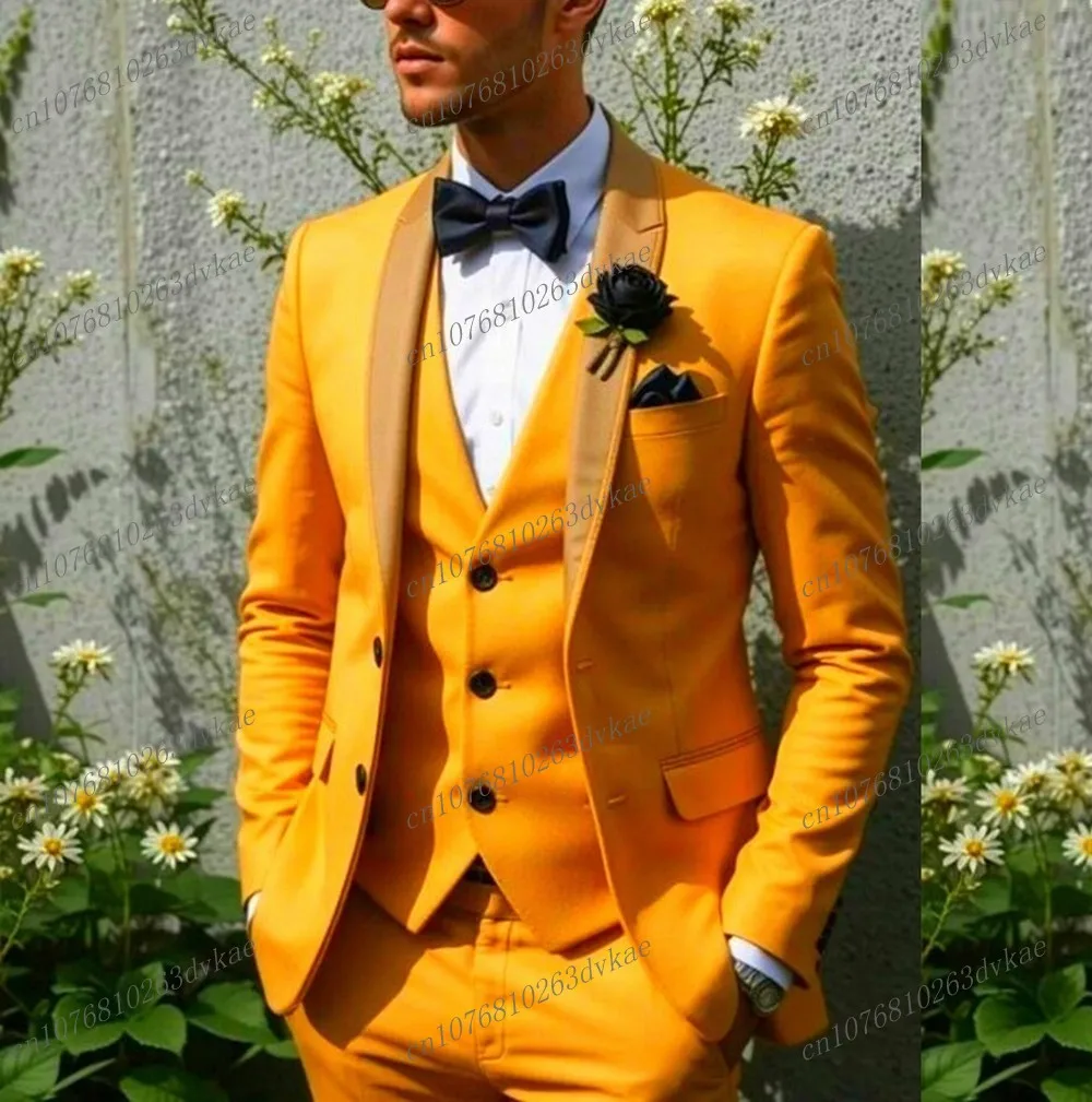 New Dark Yellow Business Formal Men Suit Groom Groomsman Wedding Party Prom Male Tuxedos 3 Piece Set Blazer Vest Pants