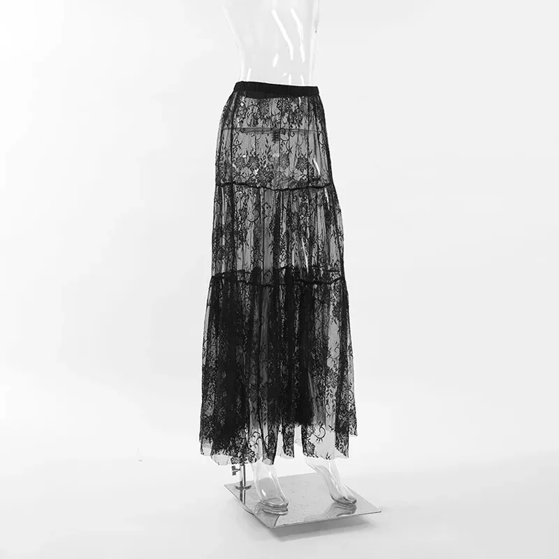 スカート KOLEAT WOMEN Summer Flare Pleated Lace Long Skirt BLACK Long Black Women's Sexy Maxi Lace Skirts Fashion Hollow Out Solid