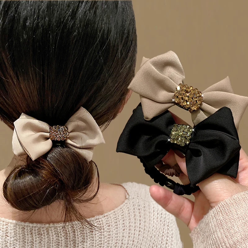 

Luxury Satin Bowknot Czech Diamond Scrunchies Women Elegant Ponytail Elastic Hair Rope Fashion Headwear Accessories