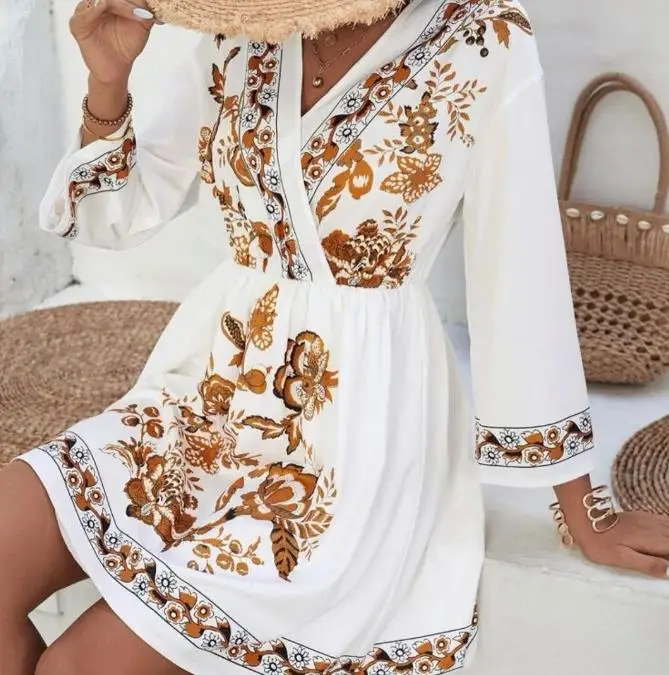 

Elegant Dresses for Women 2023 Fashionable and Casual Beach Print V-Neck Long Sleeved Waistband Mini Dress for Daily Commuting