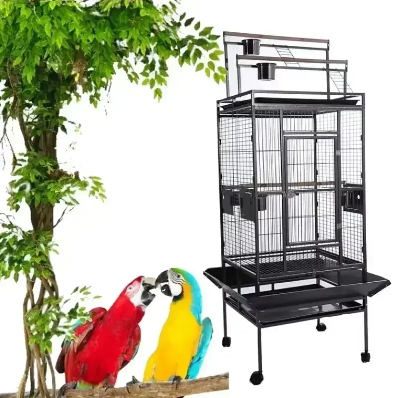 68 Inch Parrot Pet Big Bird Cage Luxury Large Space 6 Feeders Bird Breeding Cage Black Metal Iron 4 Wheels Macaw Cage