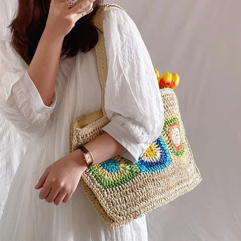Retro Pastoral Style Straw Bag Summer Woven Bag Large Capacity Shoulder Bag Holiday Wind Beach Bags