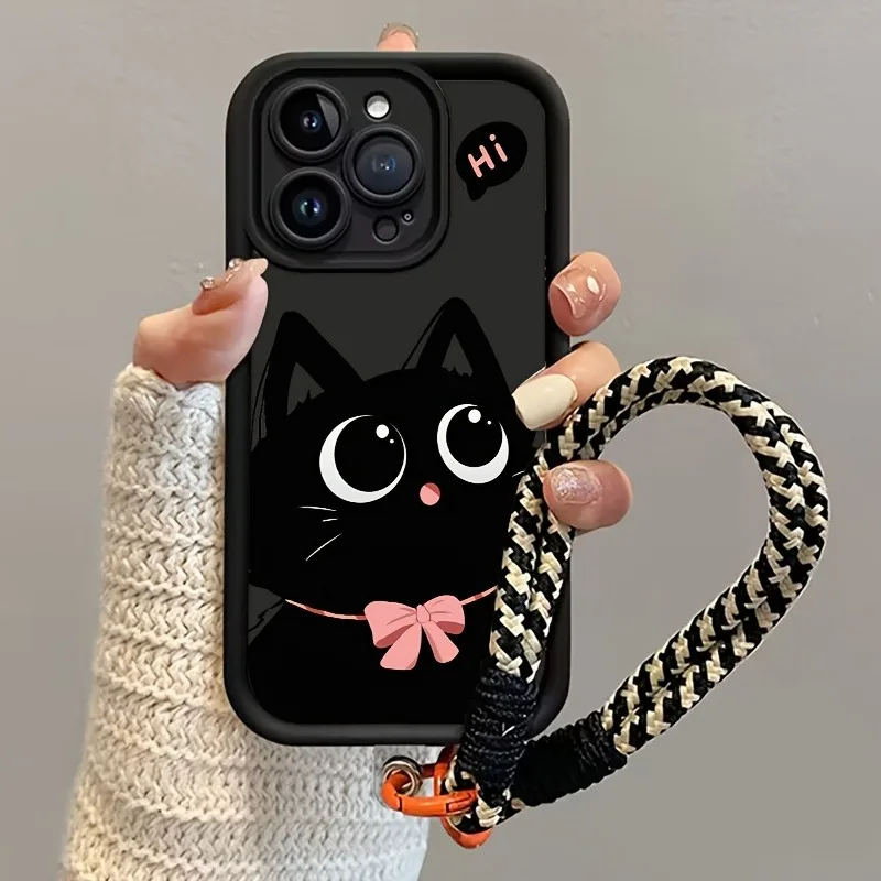 Charming Black Cat Silicone Phone Case with Hang Strap - Soft Protective Cover