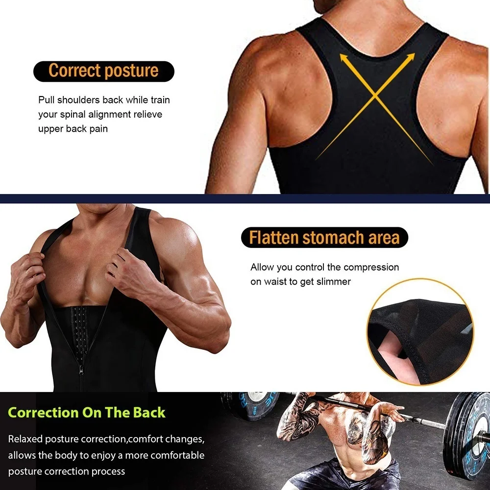 Mens Body Shaper Sauna Suit Sweat Vest Slimming Waist Trainer Weight Loss Shirt Fat Burner Workout Tank Tops Shapewear with Zip