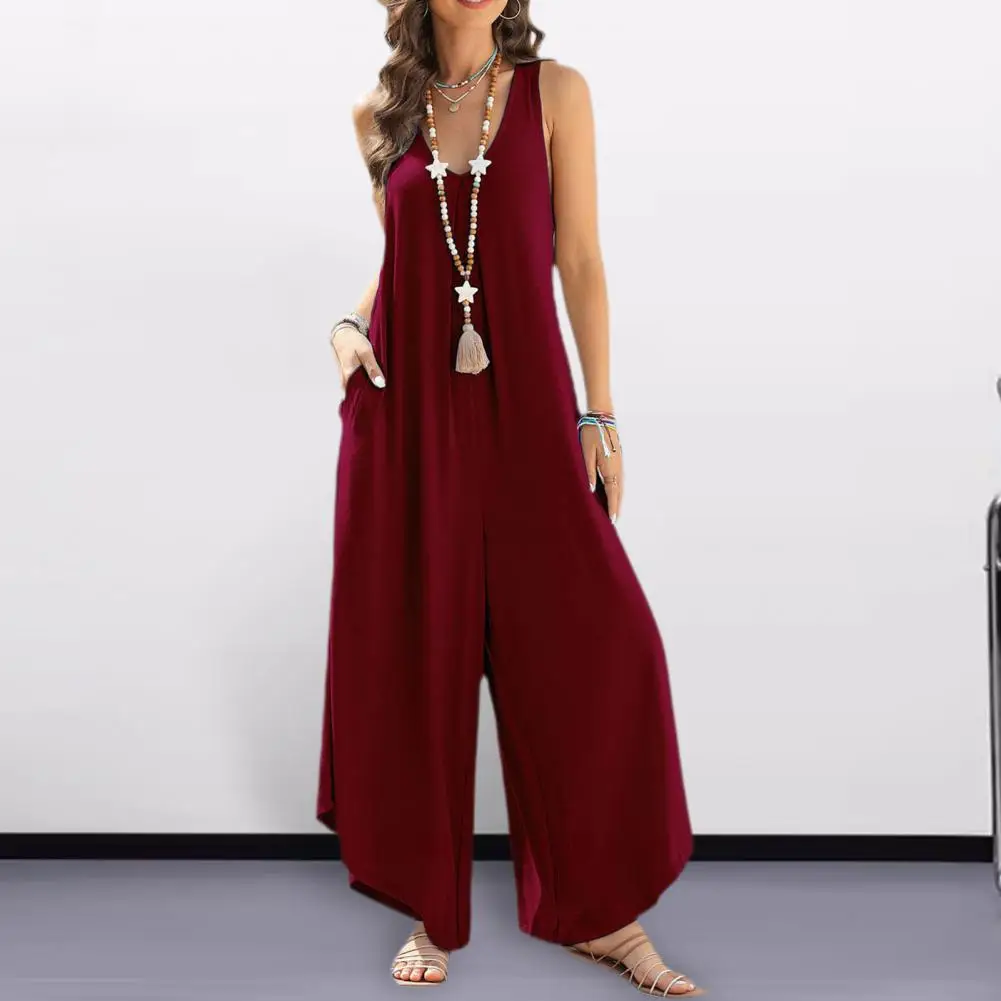 

Women Summer Jumpsuit Loose Sleeveless Solid Color Wide Leg V Neck Pockets Deep Crotch Soft Irregular Hem Ankle Length Vacation