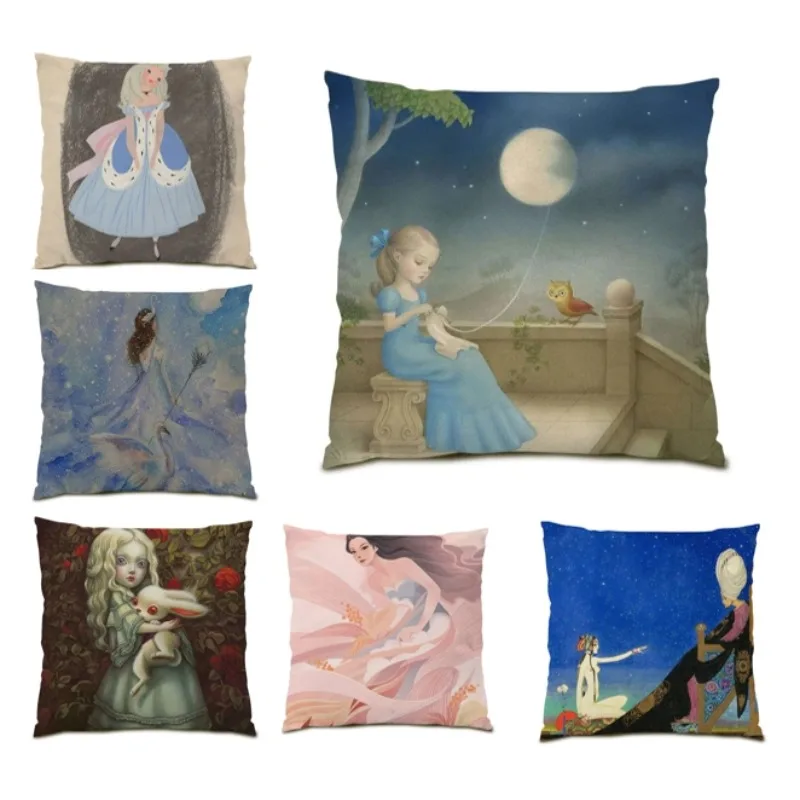 

Nordic Cute Girl Colorful Avatar Character Pillow for Sofa Cojines 45x45 Home Decor Cushion Cover Oil Painting Double Side E0473