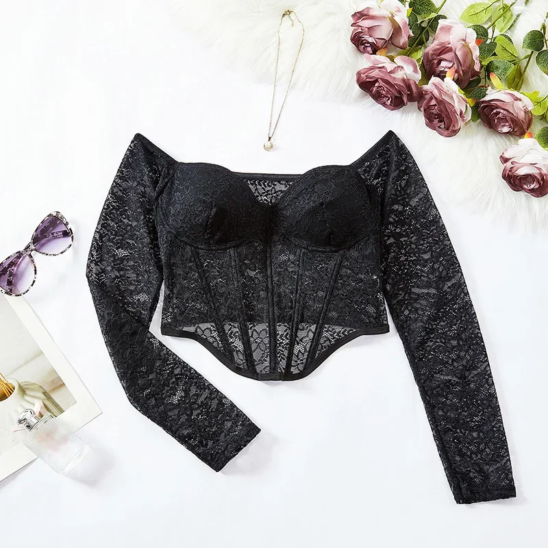 Sexylace Cross-Border Lace Underwear Solid Color Slimming Smooth Silhouette Fishbone Square Collar Long Sleeve