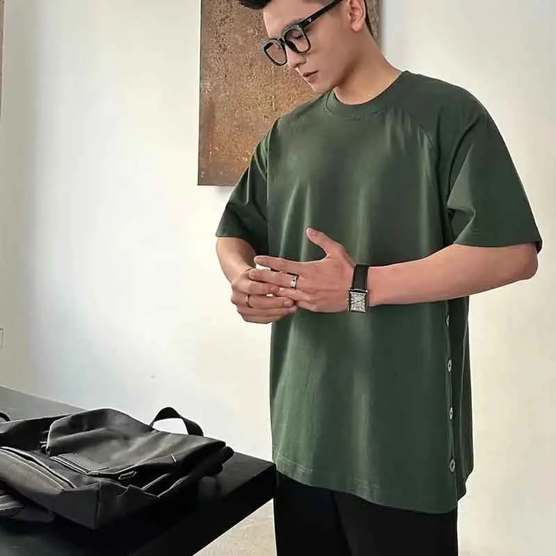 Summer Button Split Fork Short Sleeve Men O Neck Sweatshirts Fashion Casual Simple Harajuku Oversized T Shirt Black White Green