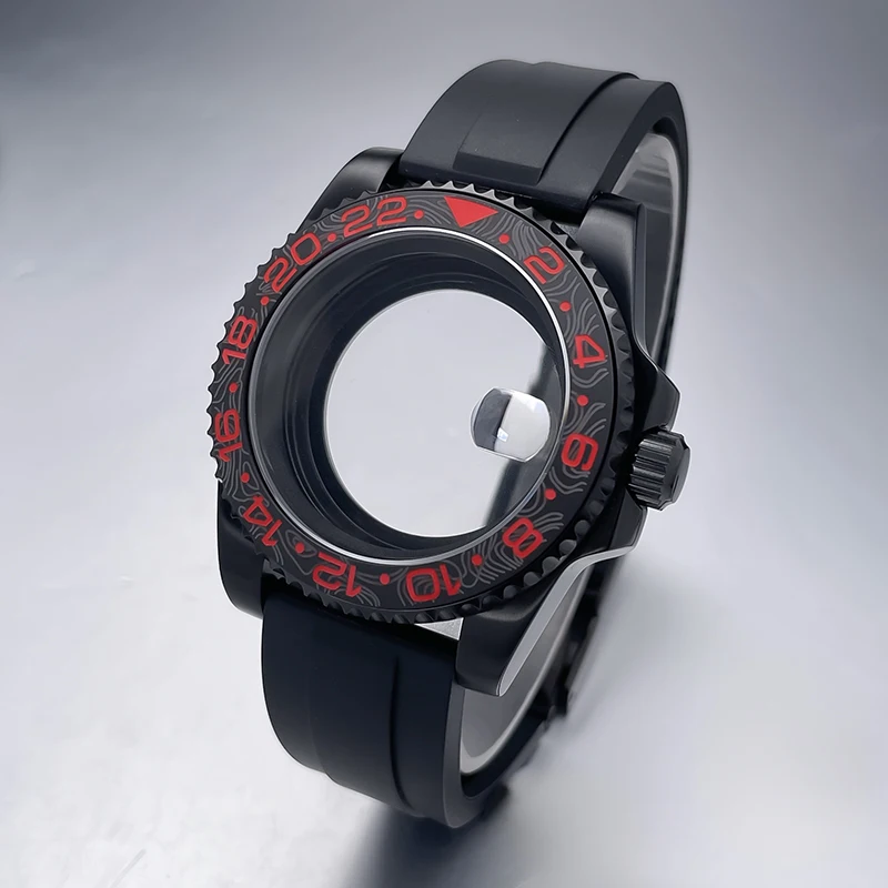All-Black Sub Style Watch Case with Rubber Strap and Sapphire Crystal