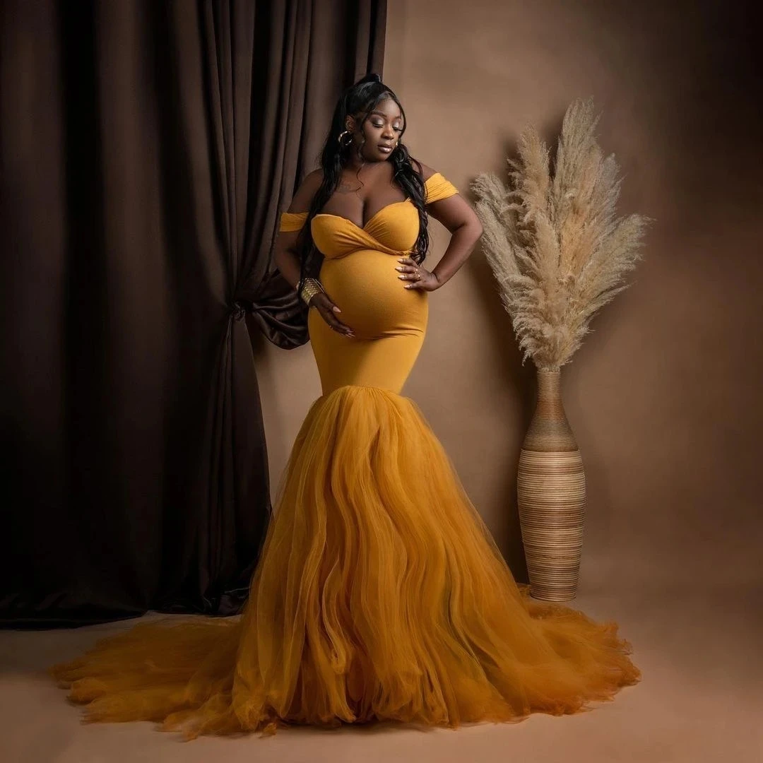 

Bohemian Mermaid Maternity Dress for Women Off The Shoulder Elastic Off Shoulder Prom Gown Floor Length Maternity Prom Gown