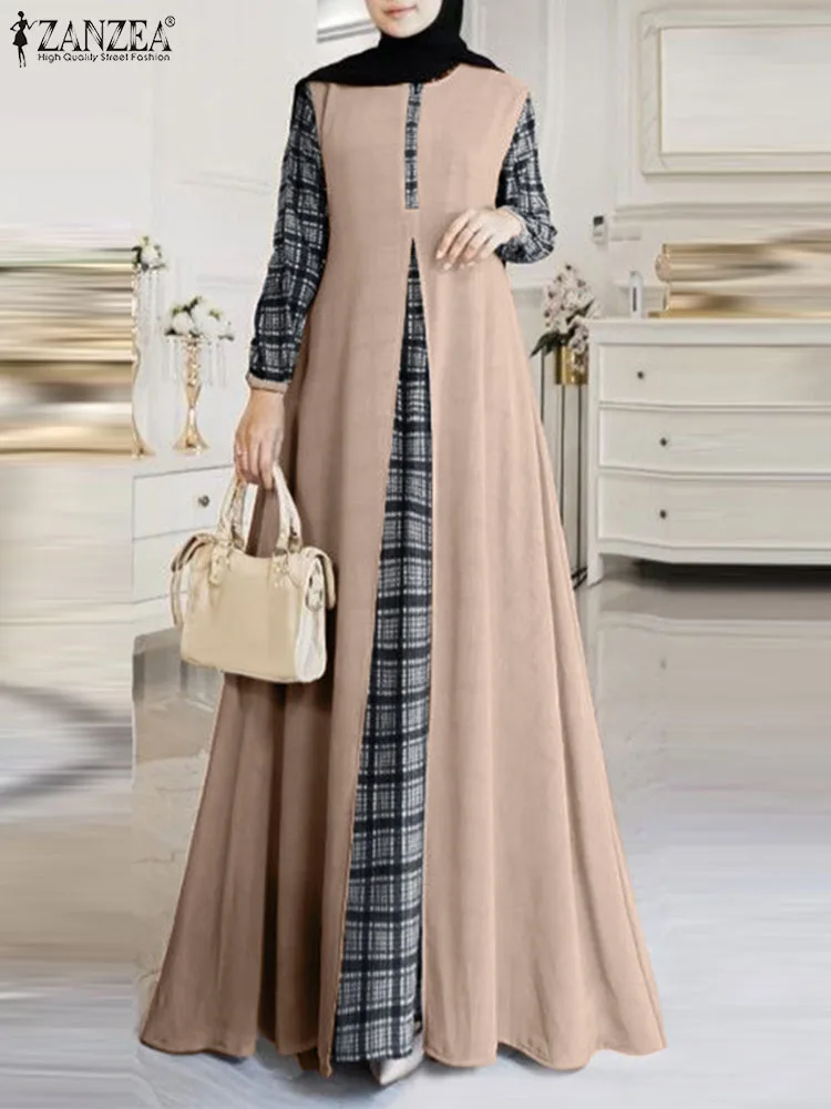 

2024 ZANZEA Women Patchwork Maxi Dress Spring Long Sleeve Plaid Checked Muslim Sundress Robe Femme Eid Mubarek Hijab Vestido