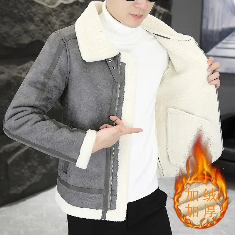 

2023 Winter Fur Leather Jacket Men Lapel Motorcycle Plus Velvet Padded Warm Casual Streetwear Social Coat Clothing