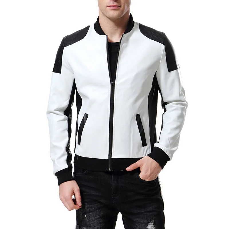 

Men's Black White Stitching Leather Jacket Male Motorcycle Bomber Coat Winter Autumn Clothing Trench Oversize Steampunk Biker