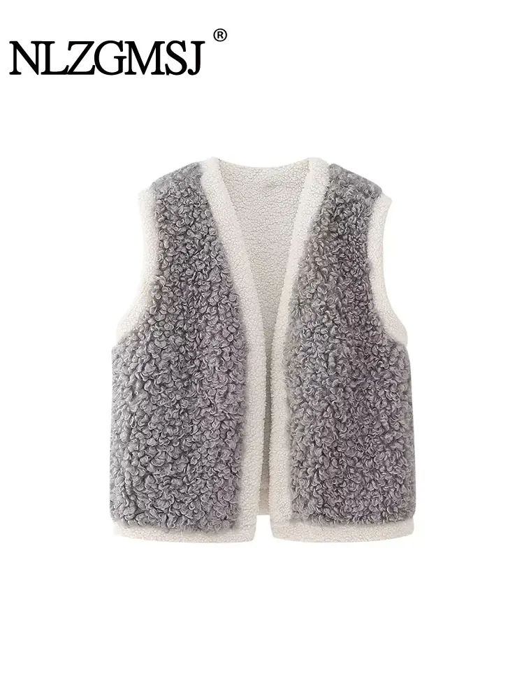 

TRAF 2023 Autumn Winter Women Vest Fashion Plush Warm Sleeveless Top Cotton Vests For Women Y2K Streetwear Chic Tops
