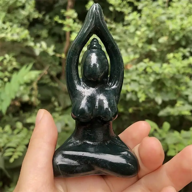 

Natural Crystal Moss Agate Yoga Female Model Statue Naked Female Model Figurine Quartz Crystal Engraving Home Decor Gift