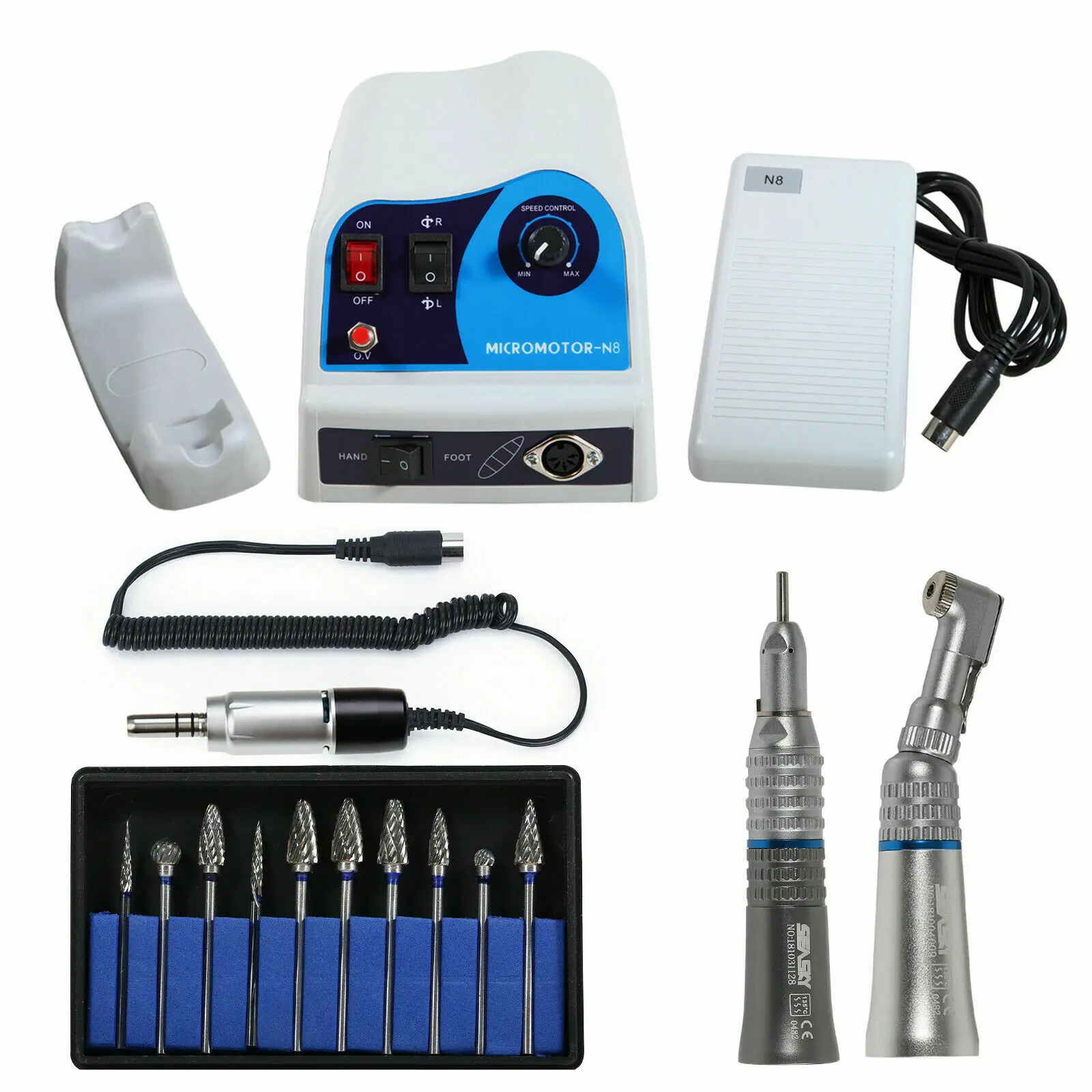 

N8 Marathon Dental Lab Micromotor Polisher/ Electric Motor /Low Speed Contra Angle Straight Handpiece/10PCS Carbide Drills