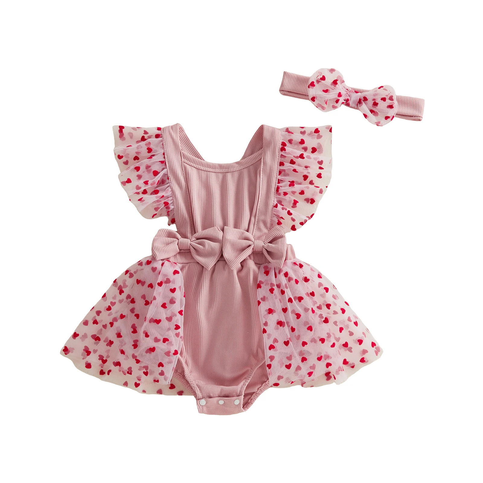 Adorable Baby Girl  Ruffle Sleeve Heart Print Bodysuit with Matching Headband Set for Valentine s Day Outfit