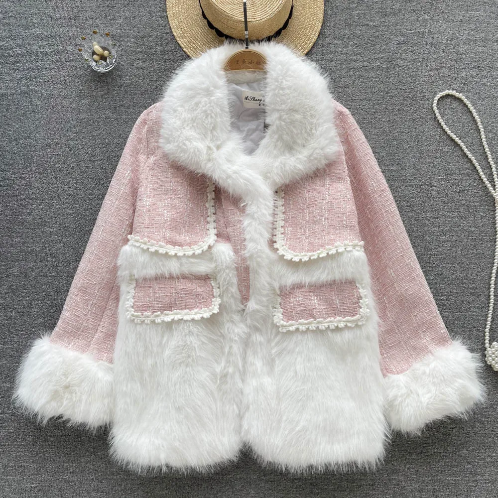 

Winter Coat Women Tweed Stitching Fake Fur 2022 Fashion Thick High Quality Loose Casual Elegant Jacket Women Outerwear