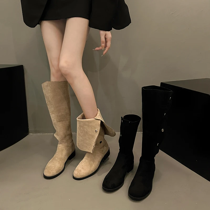 Aphixta Suede Upper Button Dec Women Ankle Boots Knee Boots Women Black Shoes Fashion Round Toe Modern Ankle Boots for Women