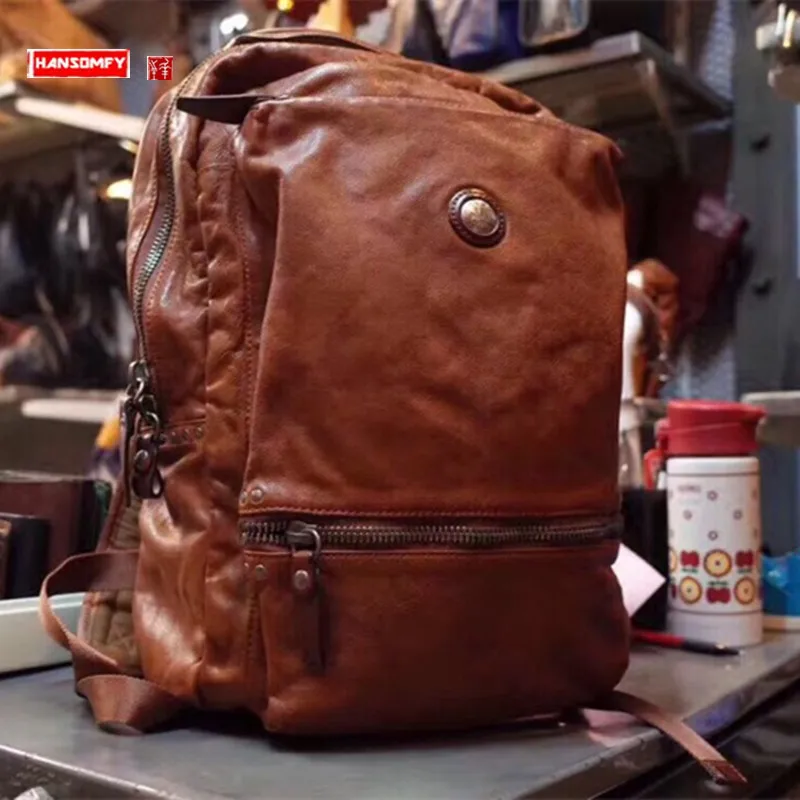 

Italian Skeleton-Skin Men's Backpacks Genuine Leather Retro Casual 14-15.6 Computer Backpack Large Capacity Schoolbag Travel Bag