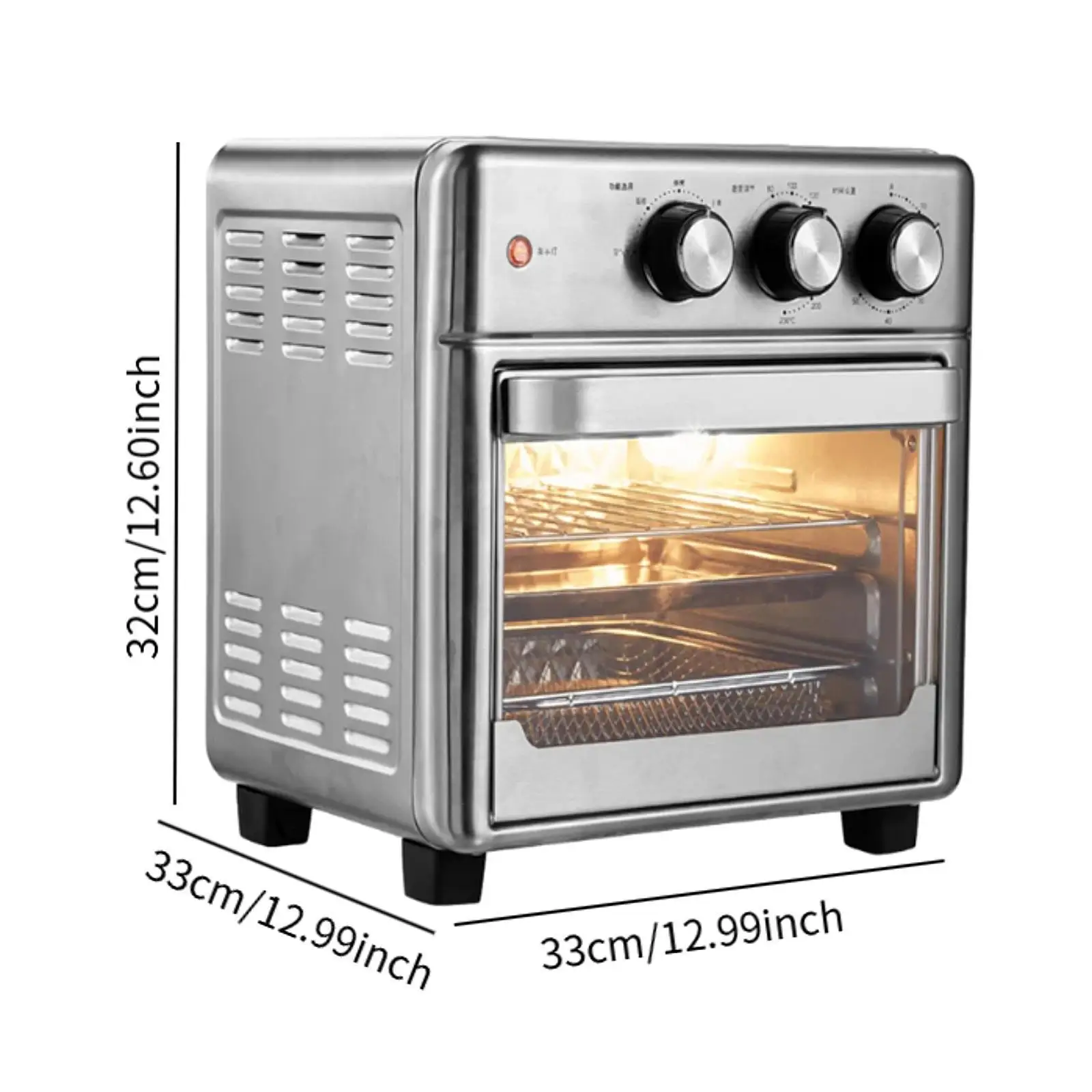 5 in 1 Air Fryer 1200W Stainless Steel Toaster Oven with Grill Kitchen Convection Oven Timer Knob Control for Meat Roast Chicken