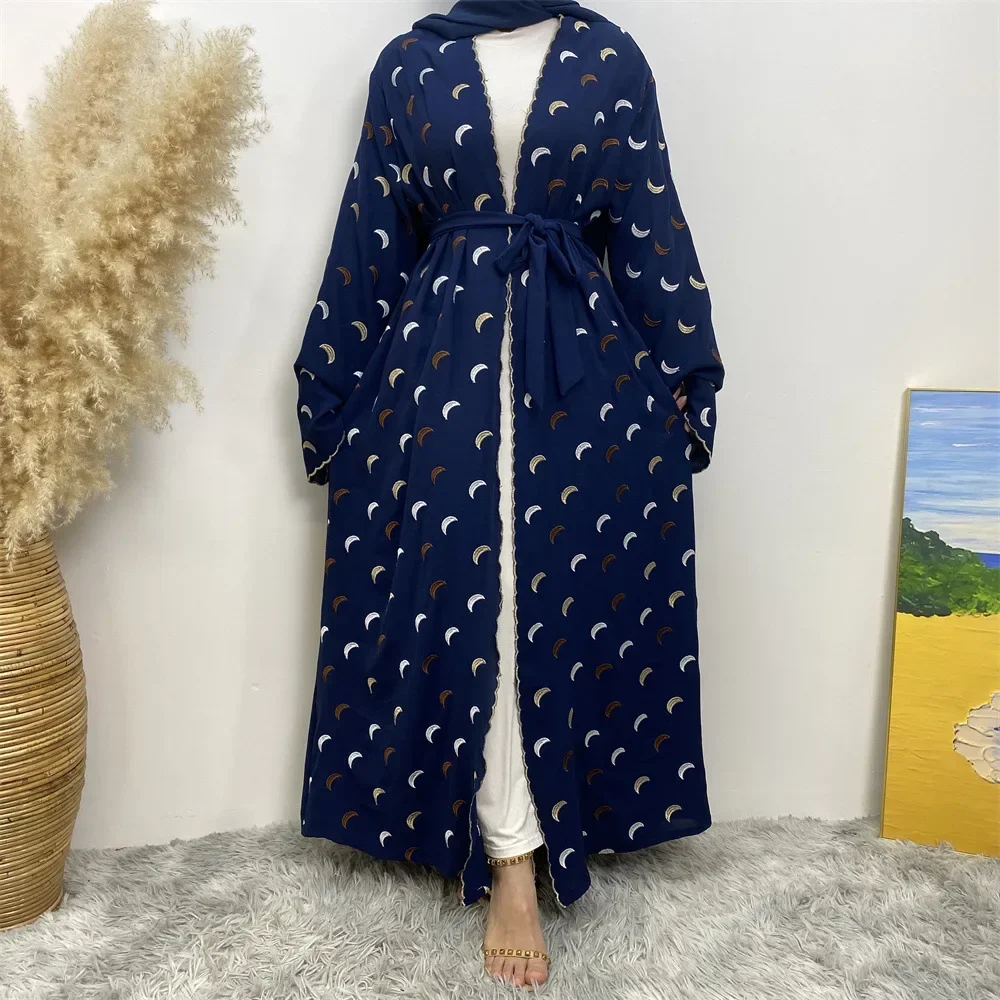 Moon Embroidery Open Abaya Ramadan Eid Kimono Abayas for Women Islamic Clothing Dubai Turkey Cardigan Muslim Hijab Dress Kaftan