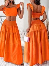 

2022 Spring Summer Women Casual Two Piece Dress Solid Color Flutter Sleeve Shirred Back Crop Top & Maxi Skirt Set