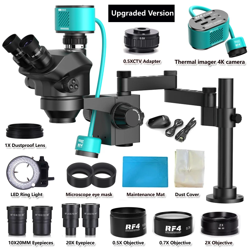 3.5-200X Simul-Focal Stereo Trinocular Microscope Set 4K 2K 1080P HDMI VGA USB TF Video Camera Clamp Folding Extension Type Base 2