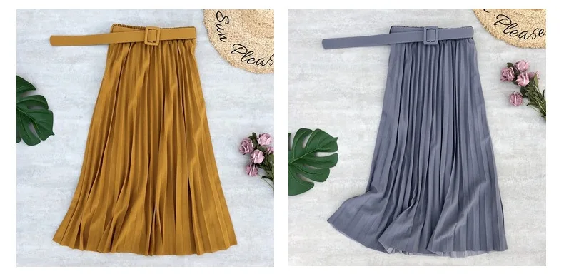 midi skirt PEONFLY New Women Fashion Belt Solid Color Pleated Midi Skirts Faldas Mujer Ladies Elegant High Waist Retro Casual Skirts golf skirt