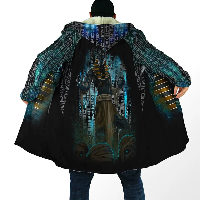 New Winter Men's Hooded Cloak God of Ancient Egypt 3D Printing Wool Windbreaker Unisex Casual Thickened Thermal Hooded Cloak