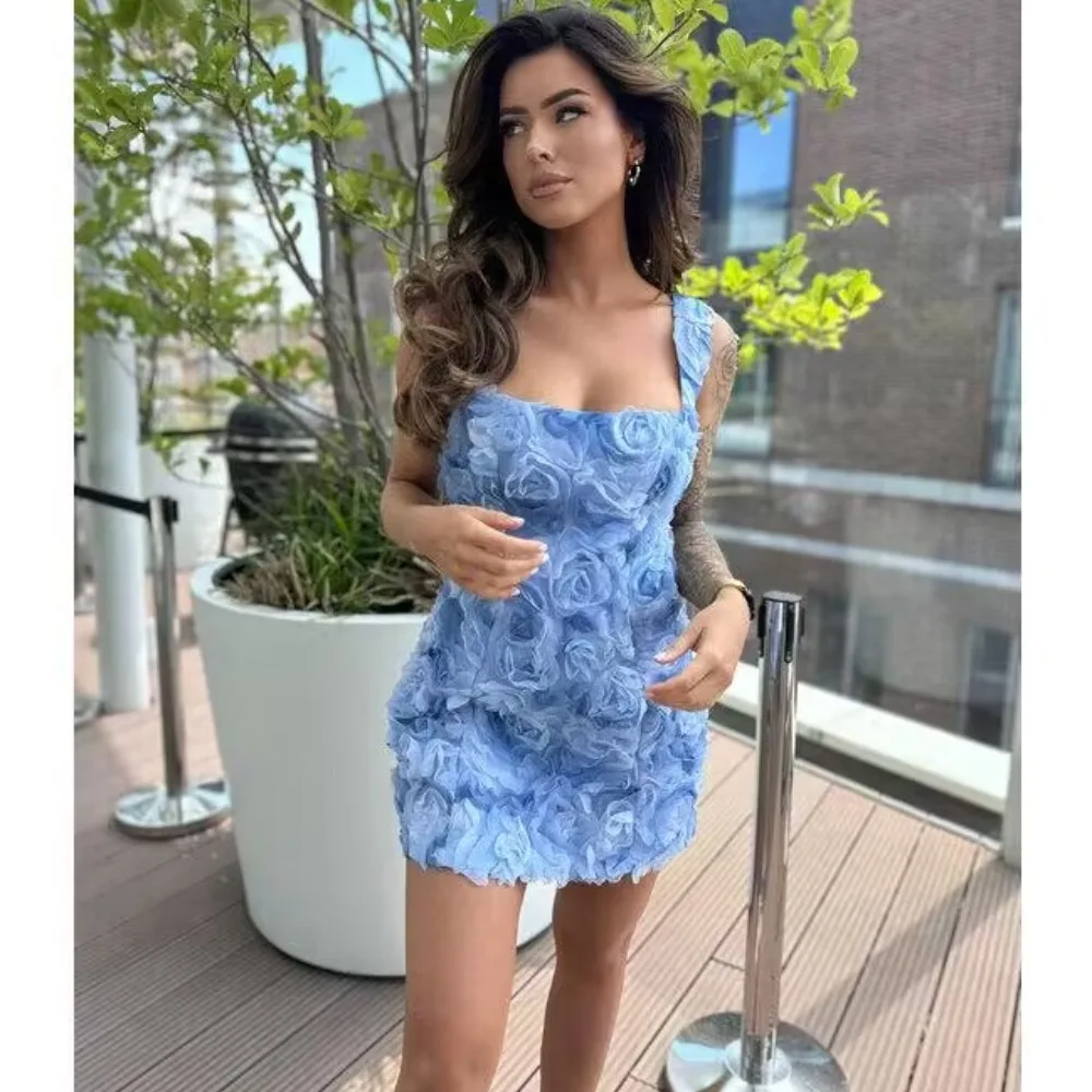 GORAFASHION 여성용 섹시 캐미솔 이브닝 원피스, 3D 플라워 스플라이스 민소매 단색 미니 생일 드레스, 2024 여름 신상 