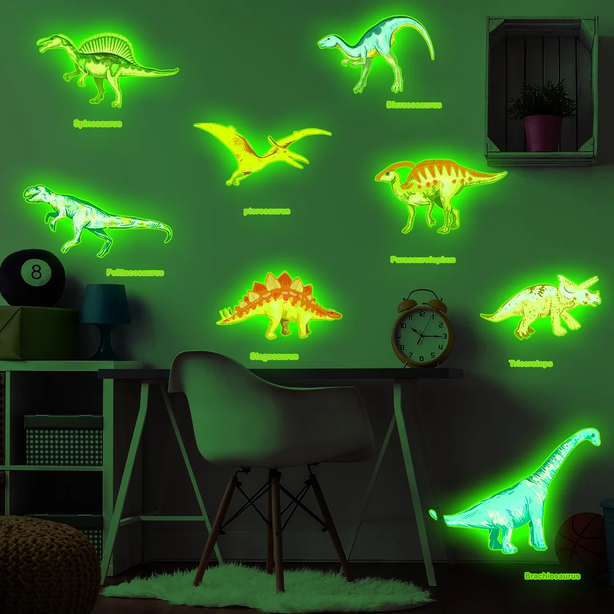 Glow-in-the-Dark Cartoon Hand-Drawn Dinosaur Wall Stickers - 3Pcs/Set (20x30cm) Cute Animal Fluorescent Decals for Kids' Room