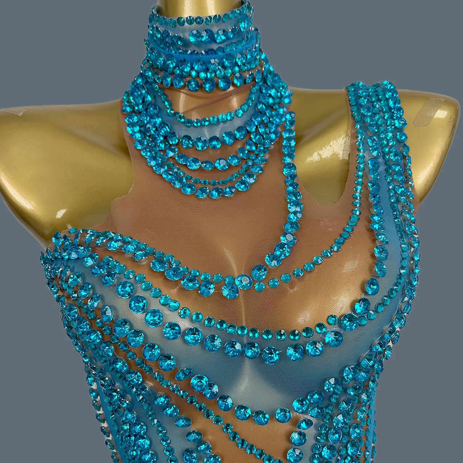 STOCK Sparkly Gold Rhinestones Short Dress for Women Sexy Mesh See main image 0