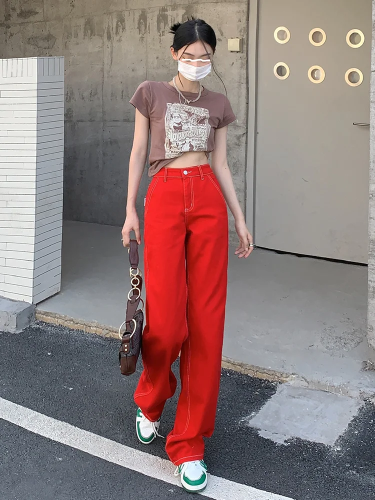 Red Jeans Korean Women, Pant Red Large Jean