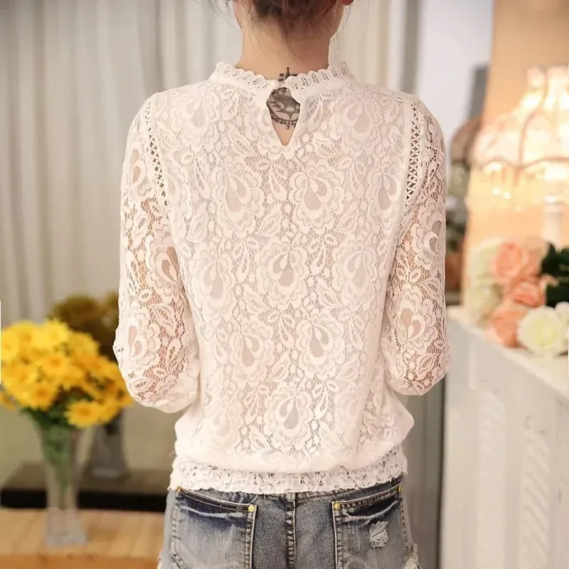 2025 New fashion Summer Ladies White Women Long Sleeve Chiffon shirt  blouse Lace solid elegant casual Women Clothing  top 51C