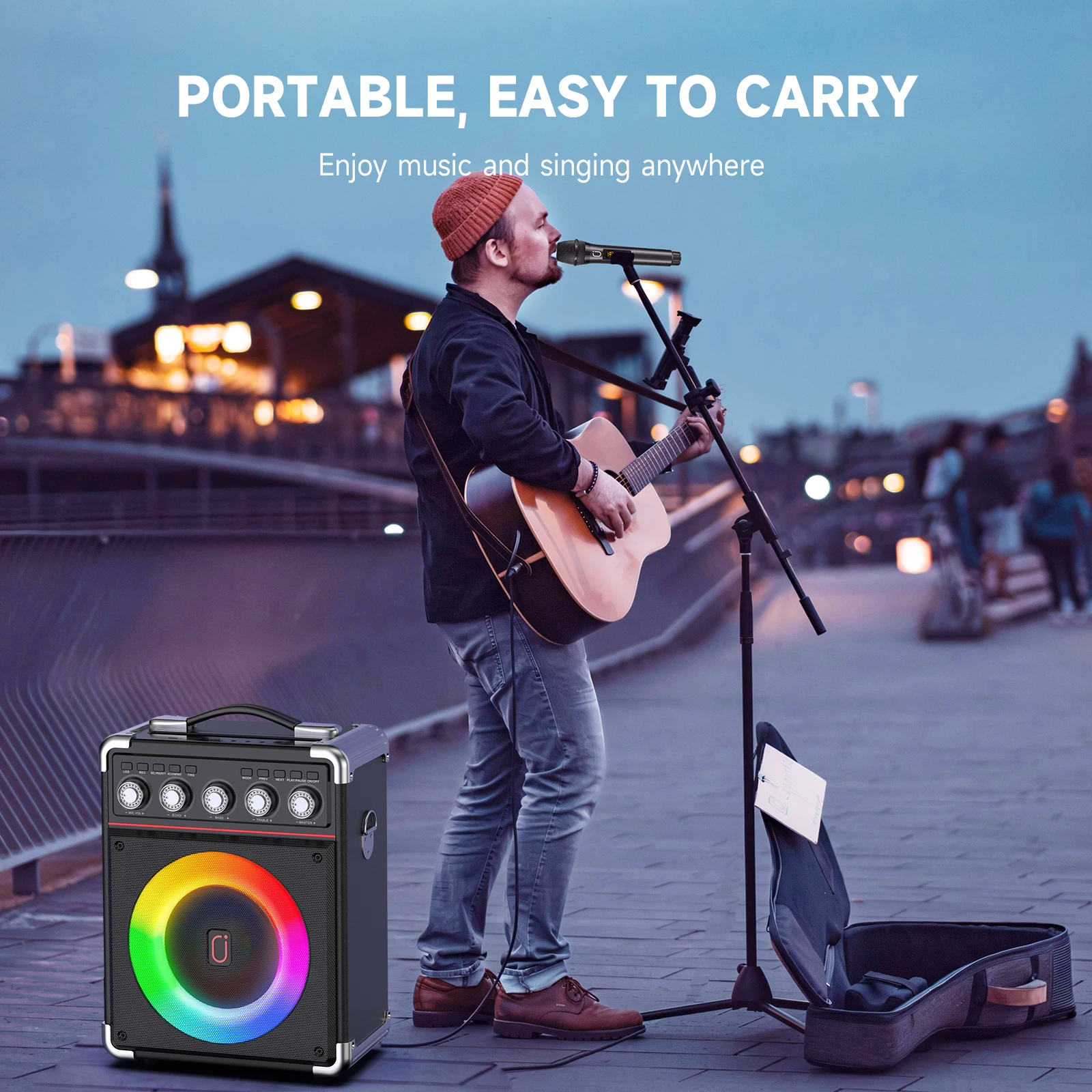 FanFun Karaoke Speaker Bluetooth Speaker with 2 Microphones and LED Light Portable Wireless Speaker Outdoor Party Speaker