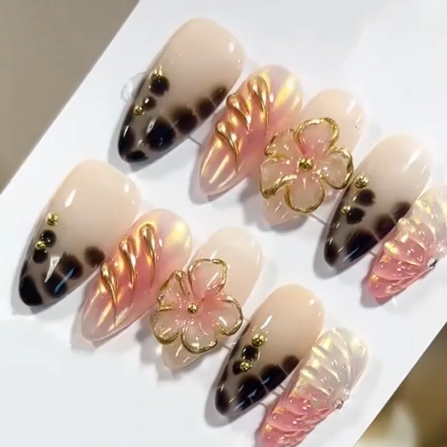 24PCS Pink Almond Press-On Nails with 3D Floral Design and Golden Pearl Accent