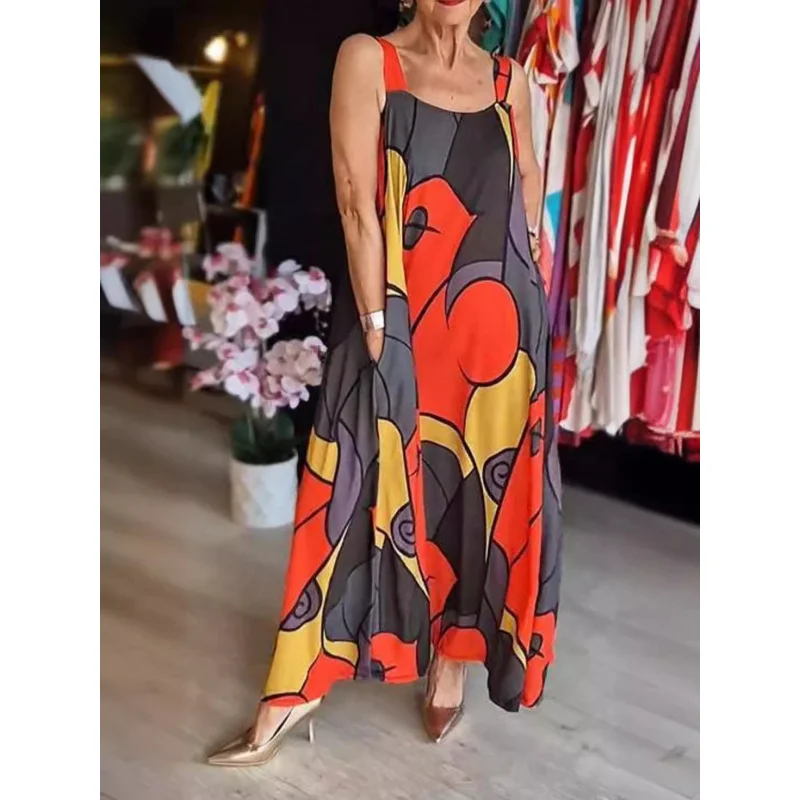 Casual style sleeveless strap with pockets geometric print dress