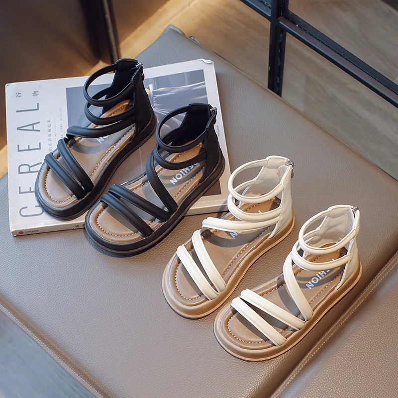 

Girls Gladiator Sandals Open-toe Solid Color Kids Summer Beach Shoes Back Zipper Soft Children Leather Roman Sandals Breatheable
