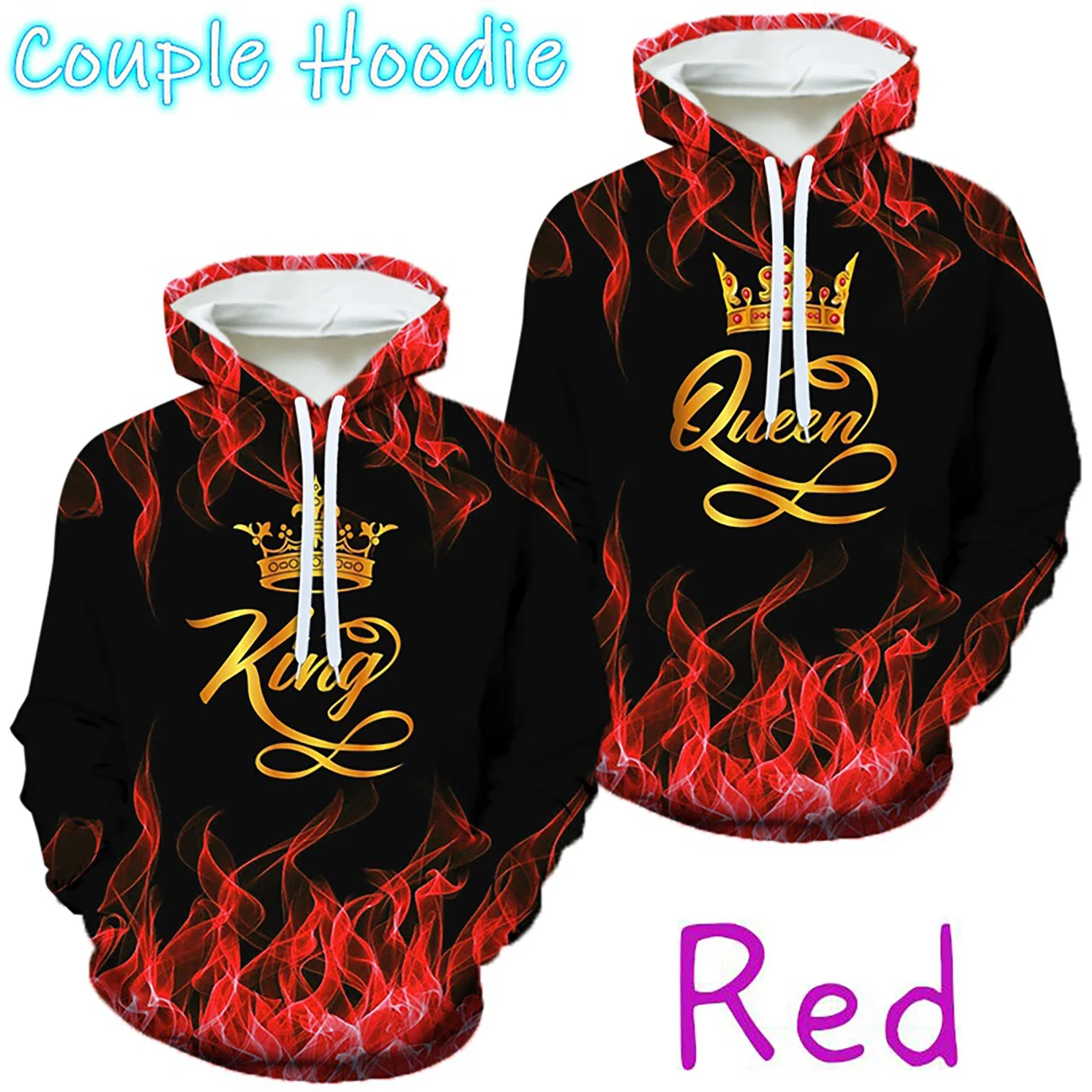 

2023 Newest Fashion 3D Flame Couple King & Queen His & Hers Hoodie Matching Casual Pullover Sweatshirt