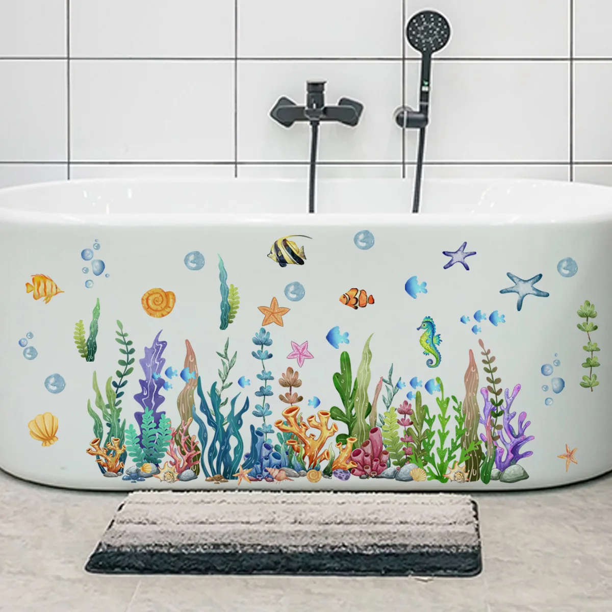 Ocean Sea Animals Fishes and Seaweed Coral Bathtub Sticker for Nursery Bathroom Shower Background Wall Self-Adhesive Decoration