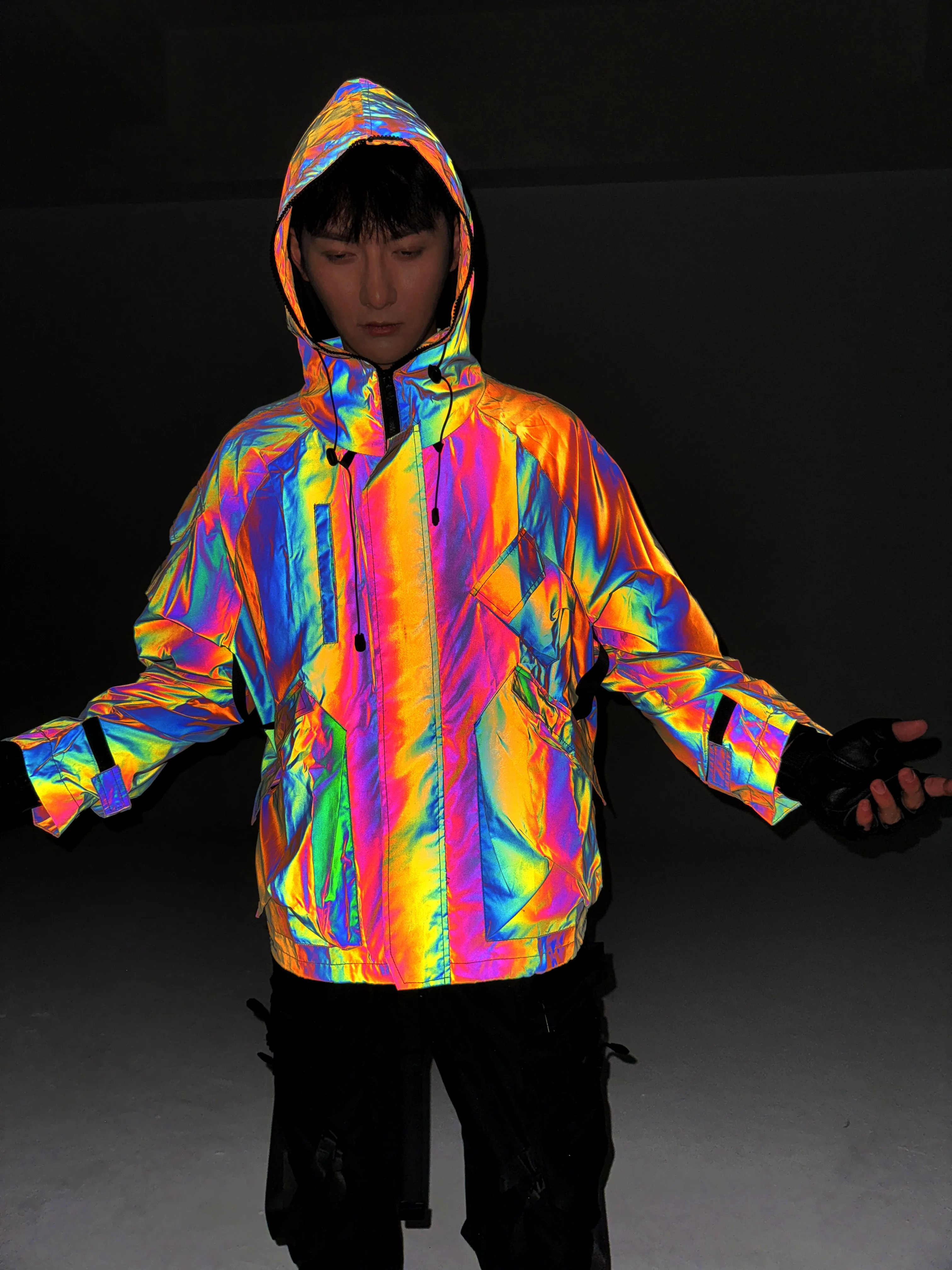 Multi-pockets Tactical Techwear Colorful Reflective Jacket Men Outdoor Casual Hip Hop Punk Functional Reflective Windbreaker